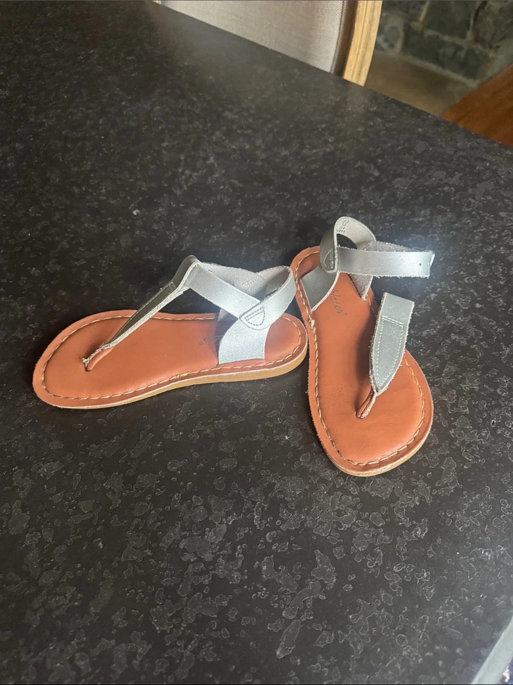 Salt Water Sandals by Hoy Silver T-Strap Kids Sandals with Tan Footbed